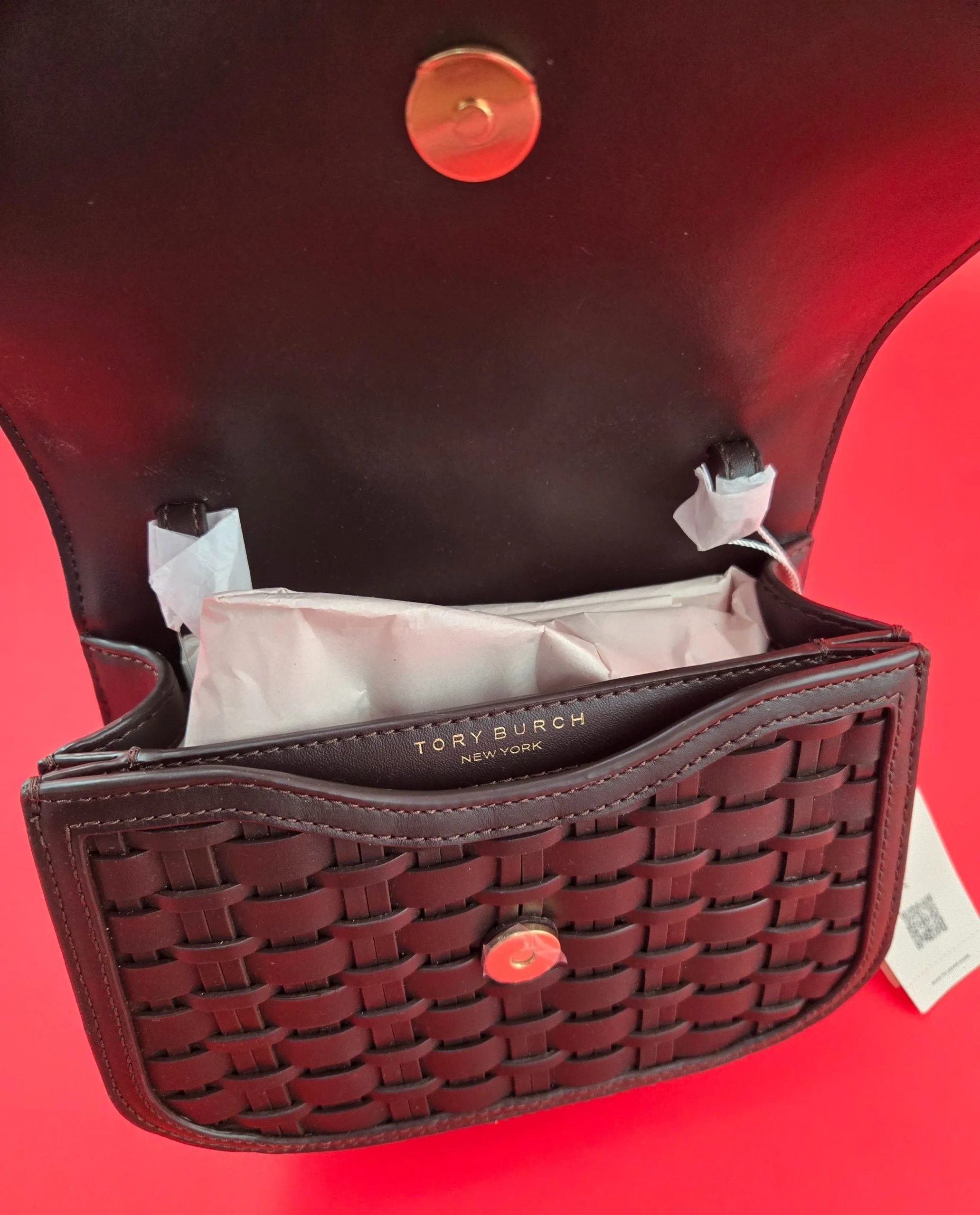 TORY BURCH BRITTEN WOVEN SMALL SADDLE BAG CHOCOLATE LIQUOR Brand NWT. - Image 4
