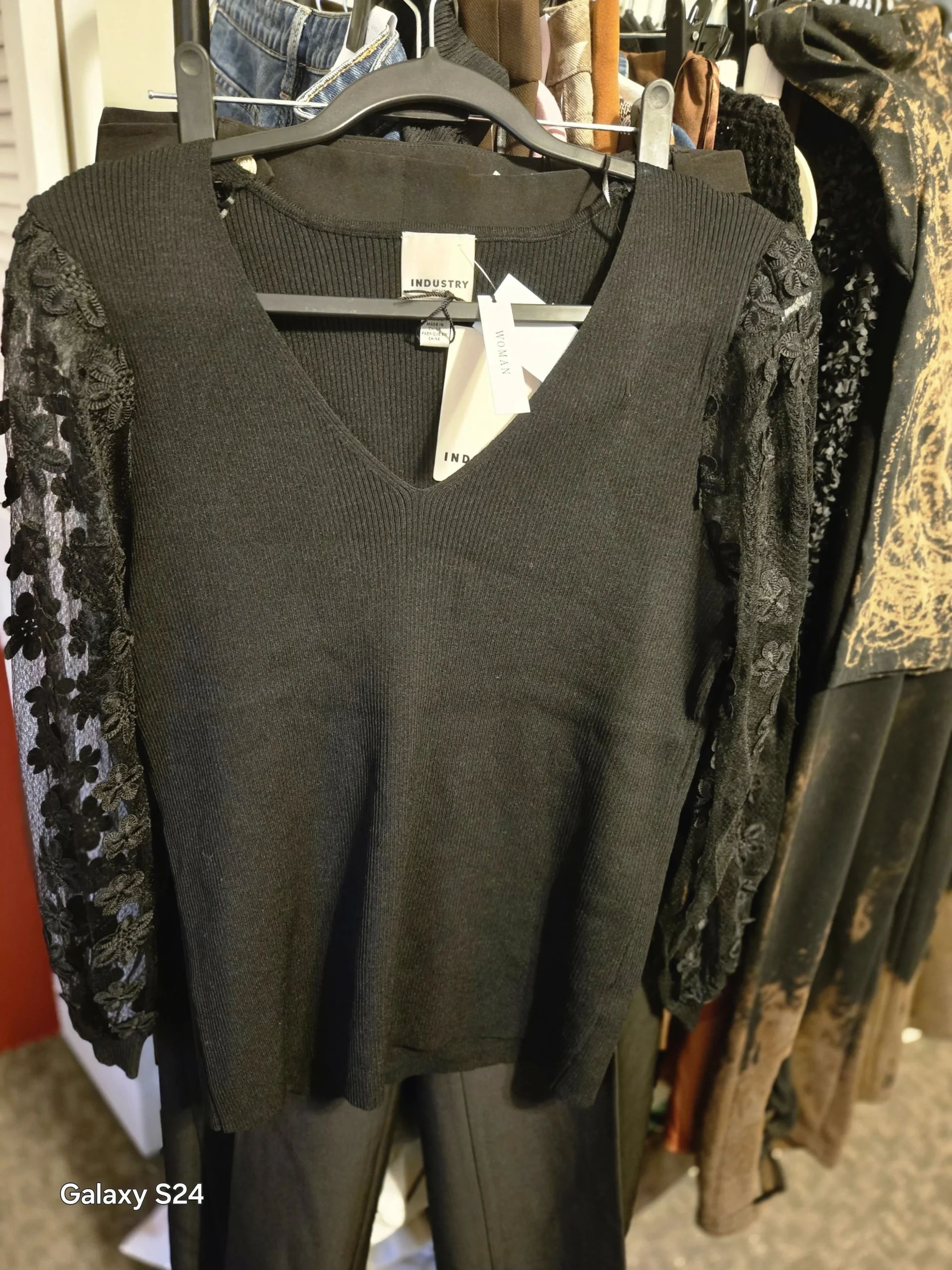INDUSTRY BLACK SWEATER WITH SHEER BLACK FLORAL SLEEVES Size 10 - Image 3