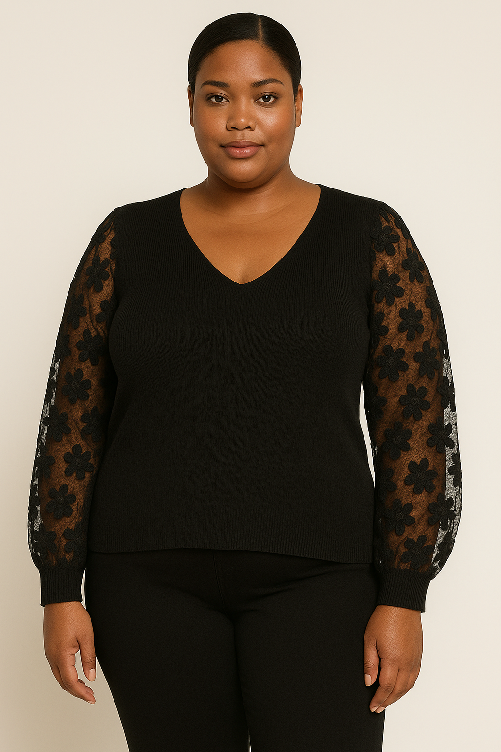 INDUSTRY BLACK SWEATER WITH SHEER BLACK FLORAL SLEEVES Size 10 - Image 2