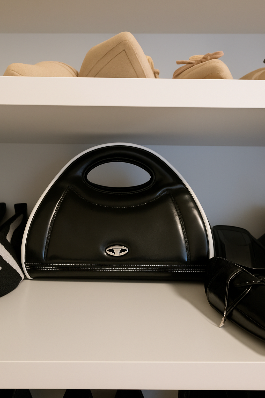 DIESEL WOMAN'S 2 WAY SHOULDER BAG HANDBAG, LEATHER, BLACK AND WHITE. - Image 2