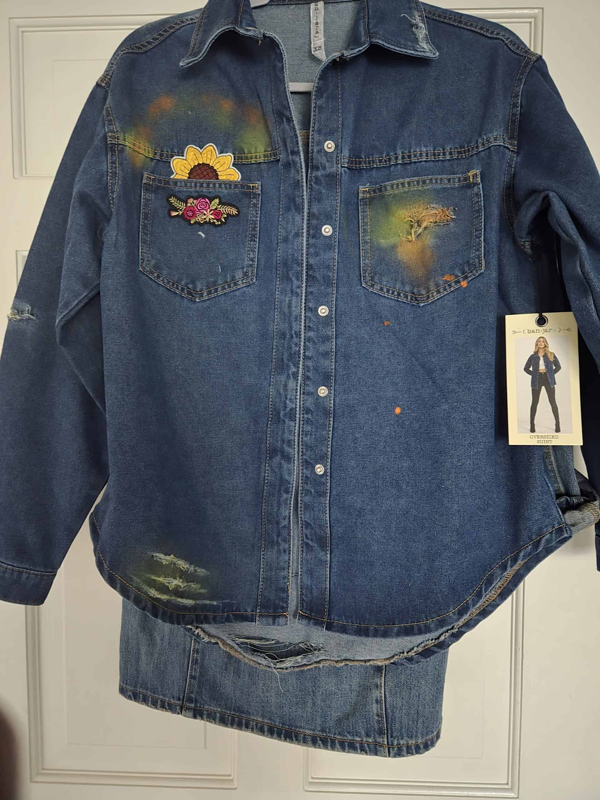 Overdressed sunflower and floral embroidered denim shirt for casual style.